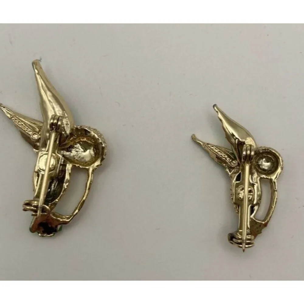 Gerry Vintage Hummingbird Pin Set of‎ 2 Gold Tone Green/Yl Enamel Rhinestone